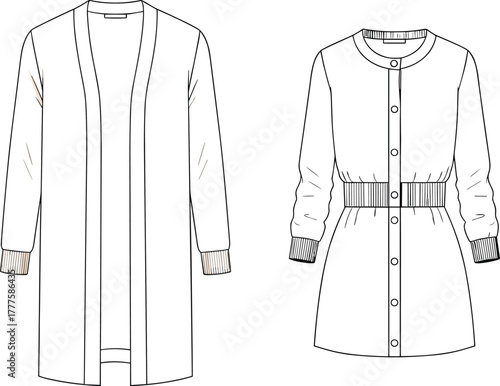 “Fashion technical sketch, long cardigan illustration, button down dress drawing, garment flat sketch, apparel design template, clothing vector outline”
