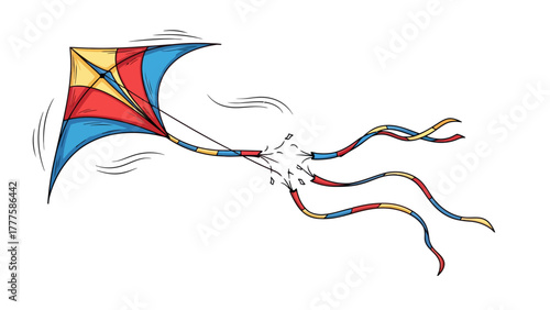 A cartoon kite with red yellow and blue panels and three streamers
