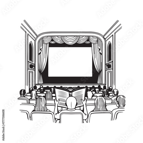 Line art theater stage seats arrangement curtain art vector 