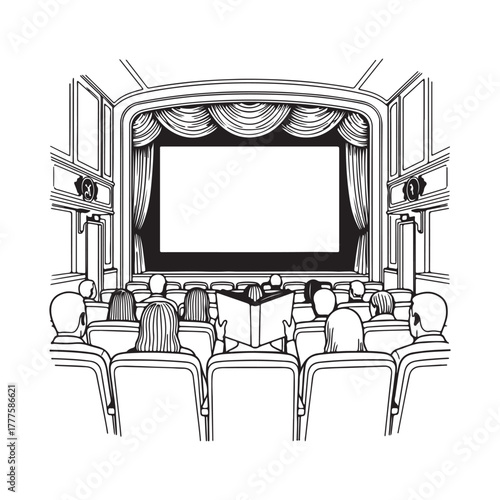 Line art theater stage seats arrangement curtain art vector 
