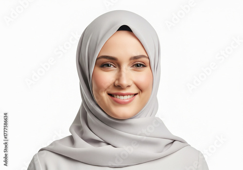 Portrait of a smiling woman wearing a light gray hijab on a white background, representing beauty and confidence.