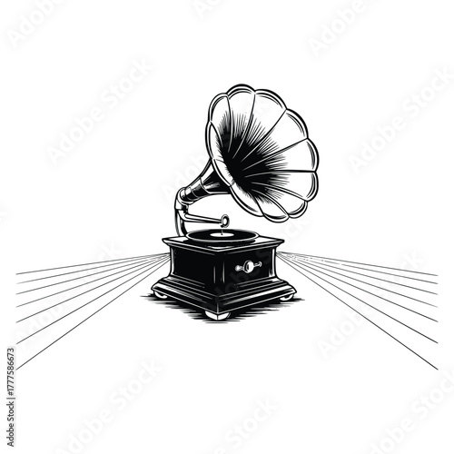 Vintage Gramophone Sound waves  black and white on white background 