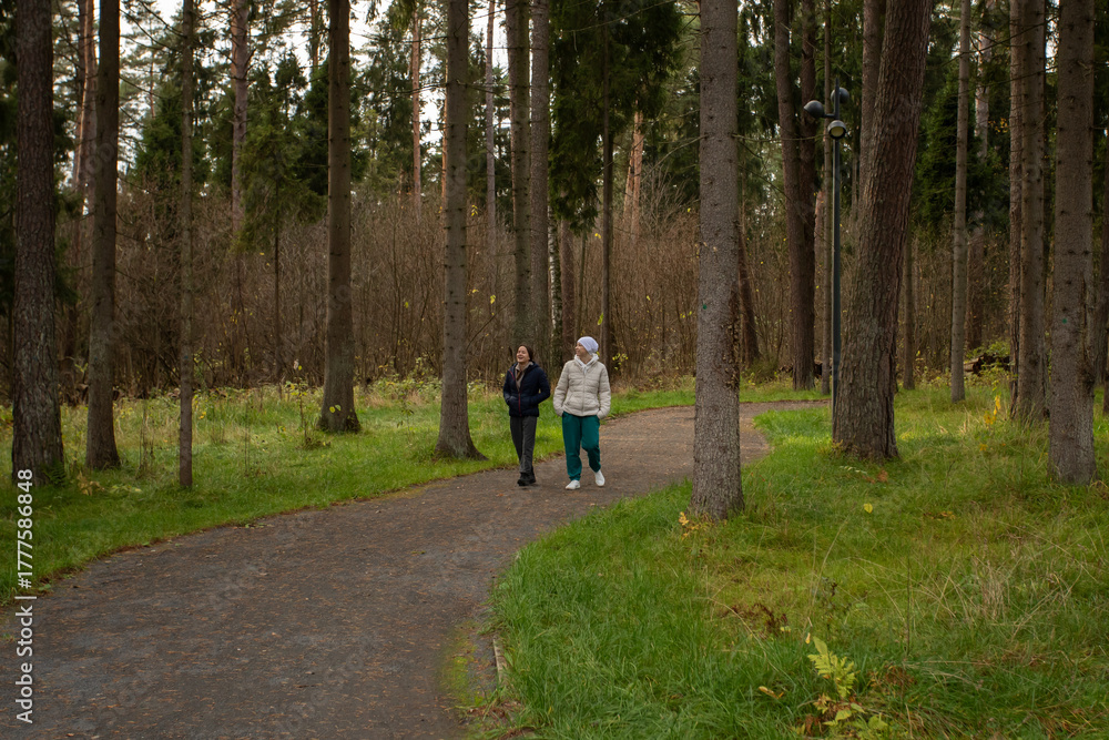 Obraz premium Oncology patient in casual clothes walking through park, concept of rest, rehabilitation, and gratitude for life.