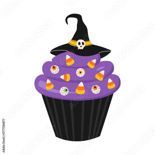 Halloween muffin with cookies, a witch hat, and eyeballs. Vector illustration of a sweet dessert.