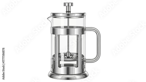 A clear glass French press coffee maker with a silver plunger and handle