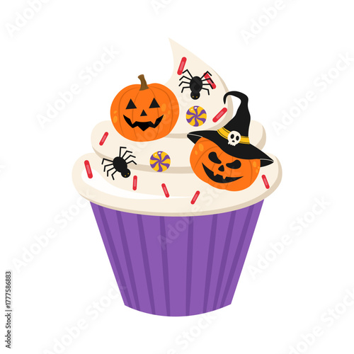 Halloween muffin with pumpkins, spiders, and candy. Vector illustration of a sweet dessert.