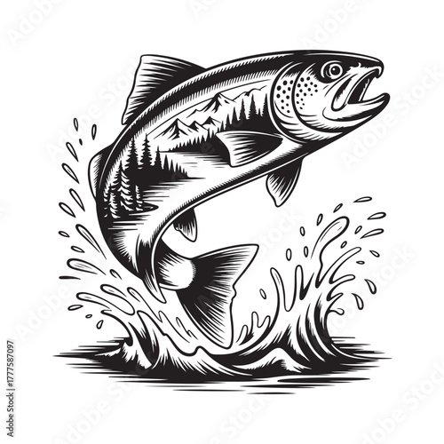 Vintage Fishing Fish engraving outline vector art illustration design, Fish silhouette, hand drawn, line art fish design