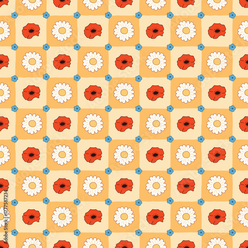 Vintage Meadow Flower Pattern with Poppies and Daisy Elements. Traditional Floral Seamless Design with Summer Field Flowers