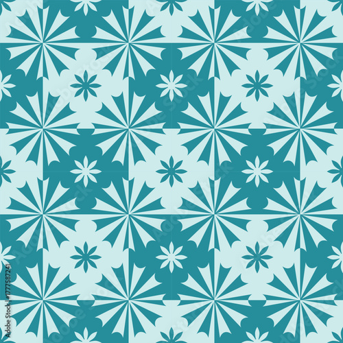 Abstract winter background with geometric snowflake shapes. Teal geometric snowflake seamless pattern for winter design
