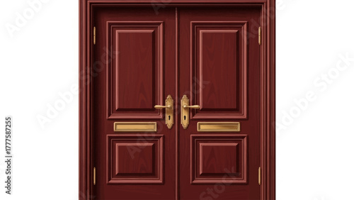 A closed pair of dark red wooden double doors with gold hardware