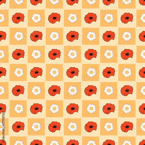 Rustic Botanical Seamless Pattern with Poppies and Daisies. Vintage Meadow Flower Pattern with Poppies and Wheat Elements,