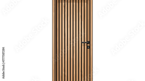 A closed wooden door with vertical slats and a black handle