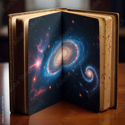 Open book with cosmic galaxy inside — ideal for space saga, cosmic mystery and science fiction content.