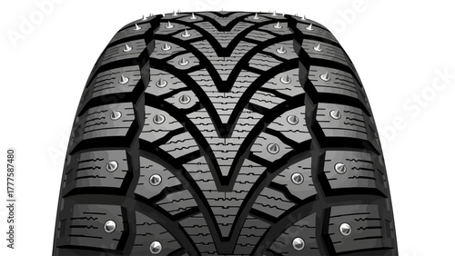 A closeup black and white rendering of a studded tires tread pattern