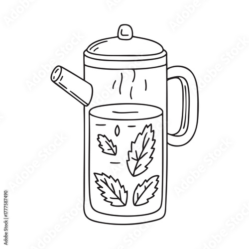 Tall glass teapot infused with hot water and fresh mint leaves