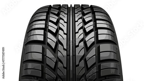 A closeup front view of a black tire with a detailed tread pattern