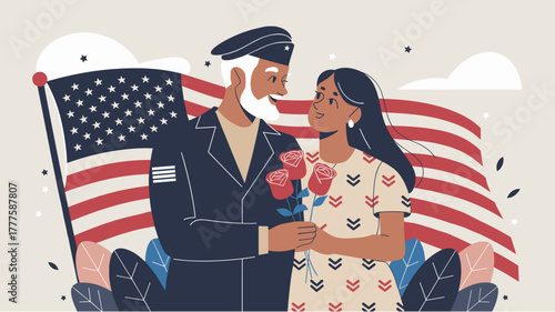 Smiling veteran with woman against American flag in vintage illustration