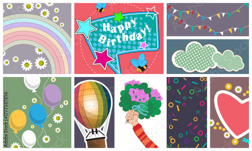 A colorful collage, greeting card or decorative panel for Happy Birthday. A set of nine themed images or icons. Vector illustration
