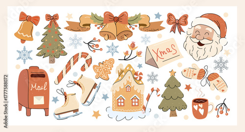 Christmas set of graphic elements, hand drawn retro style - cute objects, Santa Claus, Christmas tree, gift boxes, baubles and other elements. Vector illustration.