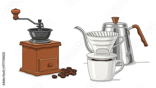 A coffee grinder and pourover coffee set with beans