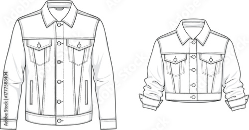 Classic denim jacket fashion sketch, cropped denim jacket illustration, technical garment drawing, apparel design template, black and white clothing outline art