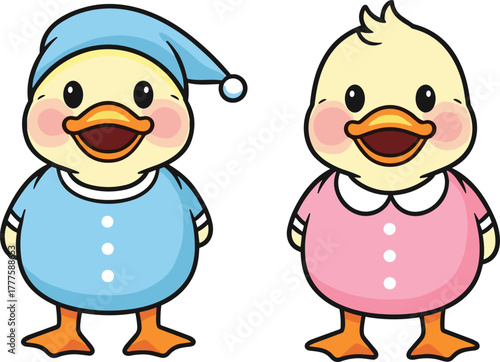 Cute cartoon ducks in colorful outfits, blue nightcap, pink dress, rosy cheeks, children’s illustration, playful design, educational, nursery art