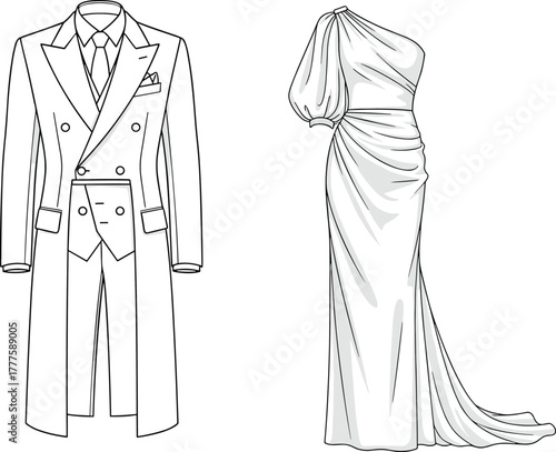 Elegant formal fashion illustration, men’s double breasted tailcoat suit with peak lapels, women’s one shoulder evening gown, couture runway sketch