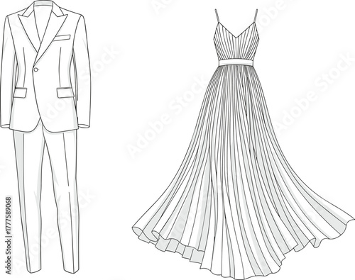 Elegant men’s suit illustration, women’s evening gown sketch, formal fashion design drawing, stylish apparel artwork, garment construction, couture clothing concept, vector