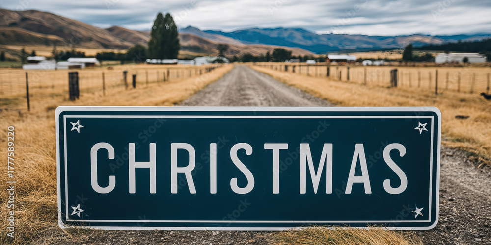 Obraz premium Christmas sign on rural gravel road with golden pasture and distant mountains, festive rustic holiday scene with star accents and overcast sky