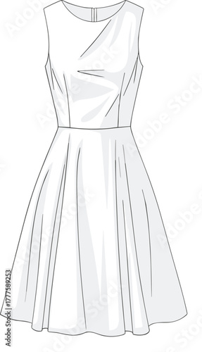 Elegant sleeveless dress sketch, fashion design illustration, asymmetrical draping, pleated skirt, garment construction drawing, couture style, sewing pattern, apparel concept