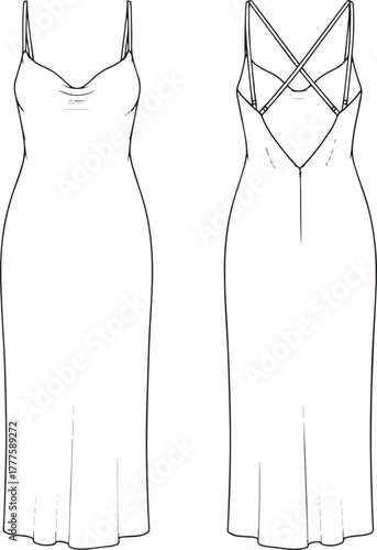 Elegant women’s evening dress fashion illustration, technical garment sketch front and back view, cowl neckline, spaghetti straps, couture apparel design