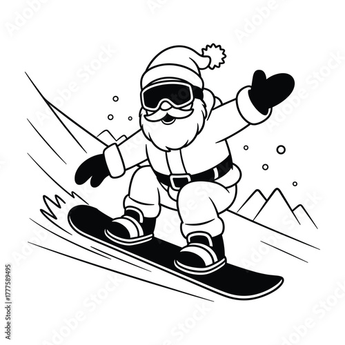 Santa Claus snowboarding down a snowy mountain slope in a black and white illustration winter Christmas