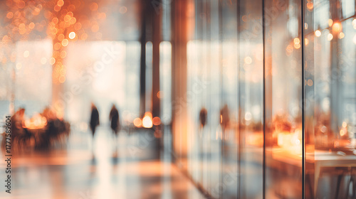 Empty open space, shopping mall with restaurant. Motion blur, warm tones, abstract defocused background. Concept image of modern business interior.	
