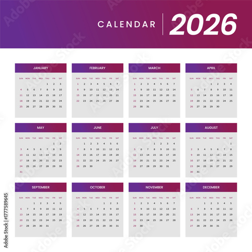 Modern and clean yearly 2026 calendar template featuring a vibrant gradient design for effective personal and business planning, organization, and scheduling needs