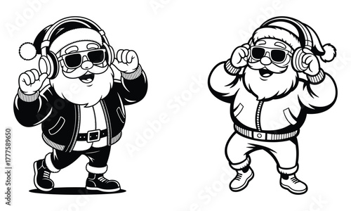 Two Santas wearing headphones and sunglasses in a black and white illustration Santa Claus music