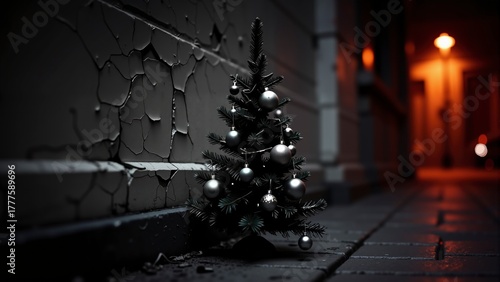 Small Christmas tree with silver ornaments standing in a dark urban alleyway near a wall with cracked paint, illuminated by warm streetlights at night.