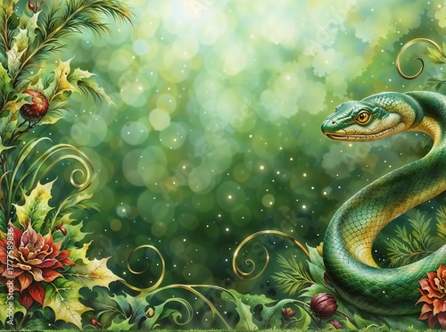 Illustration with a green snake on bokeh background.