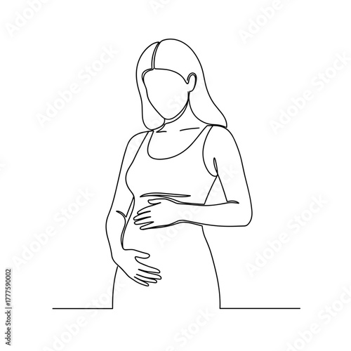 Pregnancy, woman holding her stomach, expectant mother, minimalist one line drawing, tenderness, anticipation, motherhood and new life, illustration of women’s health, family and care concept