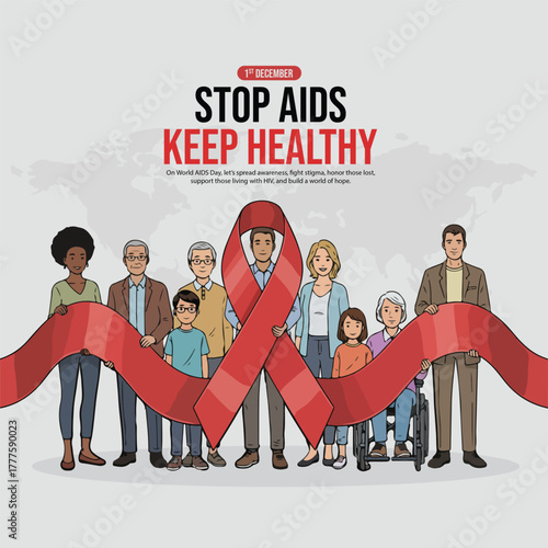  World AIDS Day Illustration | Red Ribbon Awareness, HIV Prevention Campaign Poster, Health Support Vector Art, Stop AIDS and Global Solidarity Design