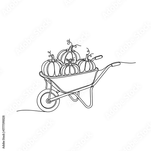 Wheelbarrow with pumpkins, autumn harvest, pumpkins in a garden cart, minimalist one line drawing symbolizing fall abundance, organic farming, Thanksgiving, countryside and seasonal rural lifestyle
