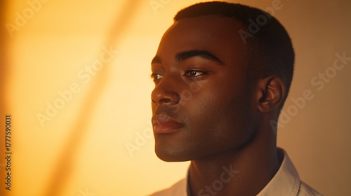 Contemplative queer man in detailed studio setting