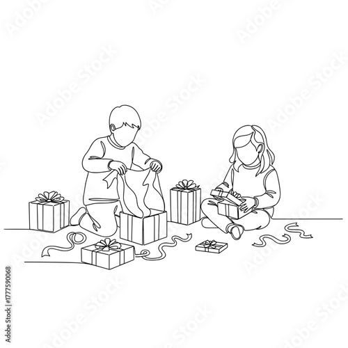 Kids opening Christmas presents, children unwrapping gifts, festive holiday morning, excitement, joy, happiness, minimal one line drawing capturing family tradition, surprise, magic, childhood wonder
