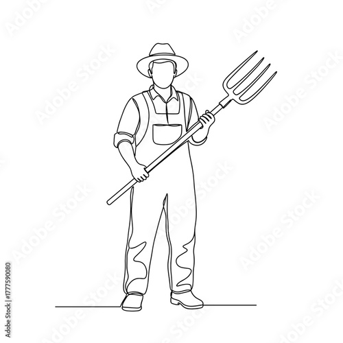 Farmer holding pitchfork, farm worker in overalls and hat, standing strong, minimal one line drawing representing agriculture, rural lifestyle, cultivation, hard work, organic farming countryside life