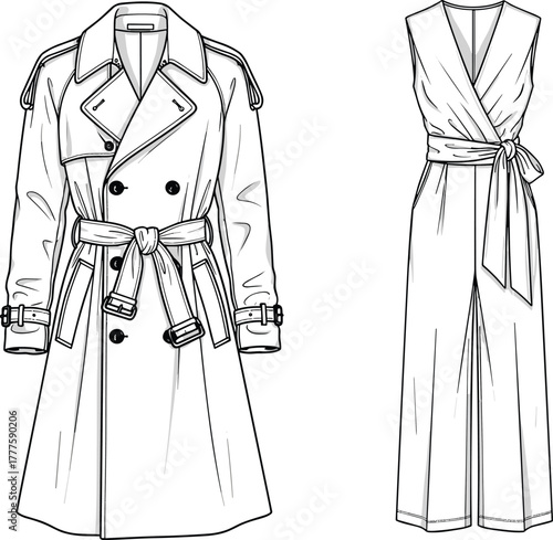 Fashion illustration, trench coat sketch, sleeveless jumpsuit drawing, technical garment design, couture apparel, runway outfit, clothing construction, vector line art