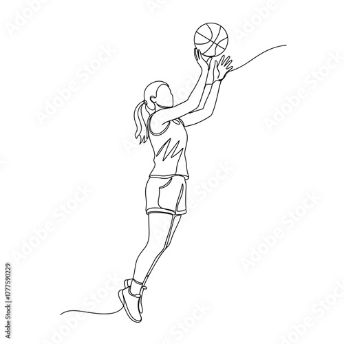 Teenage girl shooting basketball, active sport, jump shot, exercise, minimal one line drawing, youth activity, athleticism, girls basketball, competition, healthy lifestyle and confidence