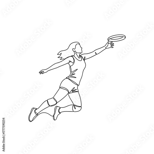Woman catching frisbee, active sport, dynamic movement, athletic jump, ultimate frisbee, minimal one line drawing, female athlete, outdoor activity, agility, energy, confidence and healthy lifestyle  