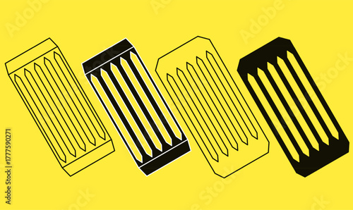 set icon of wood dowel rod in outline silhouette, showing cylindrical wooden shapes for furniture joints, woodworking, carpentry,isolated yellow background