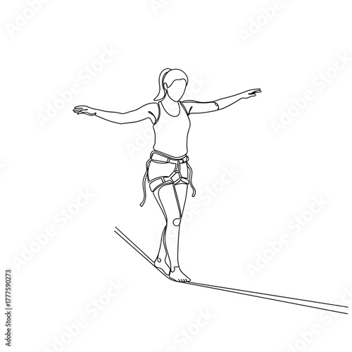Girl balancing on slackline, outdoor activity, balance training, focus, coordination, minimal one line drawing, adventure, sporty, skill development, physical challenge, healthy lifestyle and confide 
