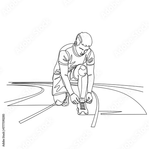 Man tying running shoes on track, preparing for run, focus, athletic routine, sports preparation, minimal one line drawing, healthy lifestyle, motivation, fitness habit, discipline and outdoor trainin