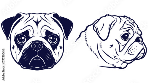Pug Dog Front And Side Head Views, Black And White Line Art Dog Portrait Vector For Cute Pet Labels And Giftable Prints
